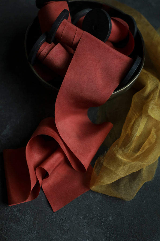 red silk ribbon with yellow silk fabric