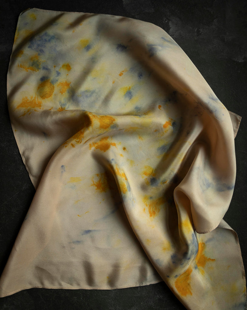 sustainable luxury fashion natural dyed silk scarf. Textile art by shellie pomeroy