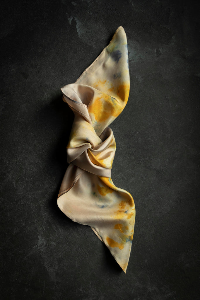 sustainable luxury fashion natural dyed silk scarf. Textile art by shellie pomeroy