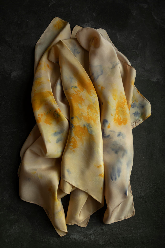 sustainable luxury fashion natural dyed silk scarf. Textile art by shellie pomeroy