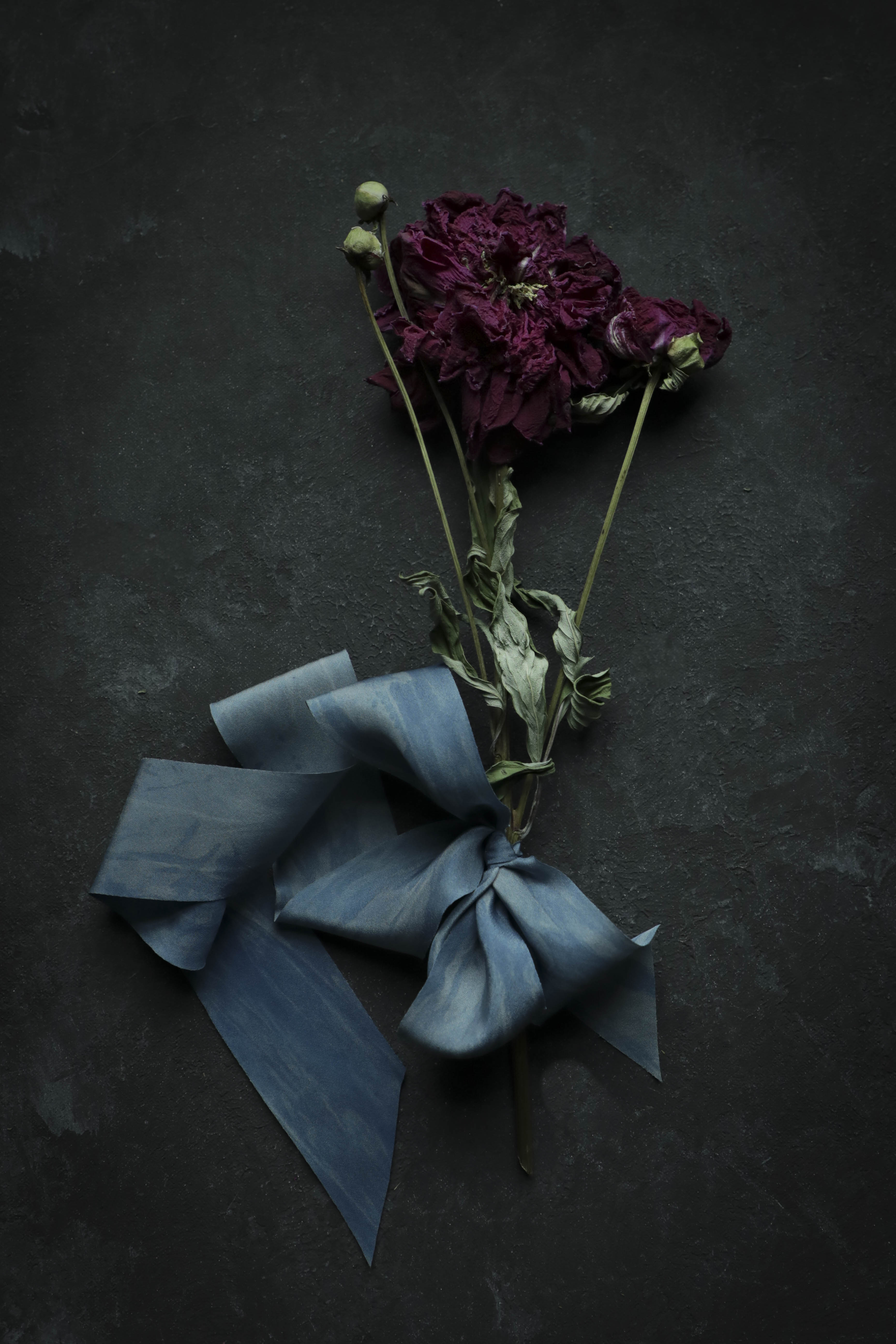 dried peony flowers tied with silk and willow plant dyed silk ribbon