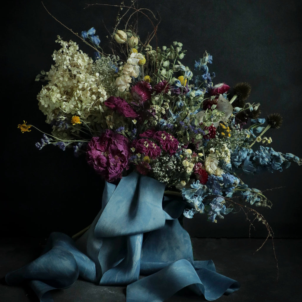 everlasting flower bouquet. dried flower bouquet with Bohemian blue indigo dyed silk ribbon