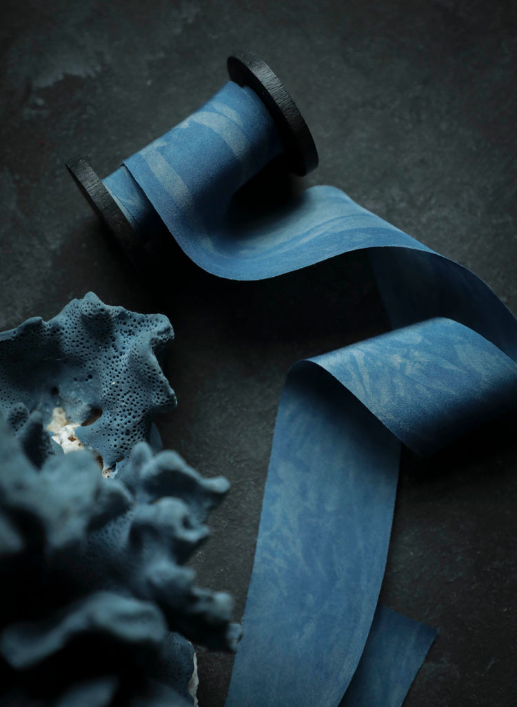 bohemian blue indigo dyed silk ribbon with blue coral 