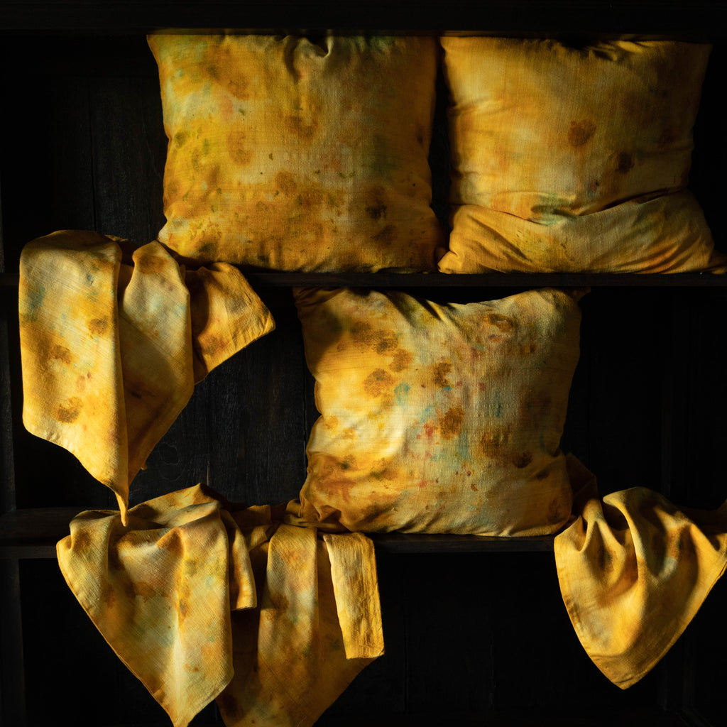 textile art by shellie pomeroy, textile artist, botanical dyed pillow covers, silk pillow cases