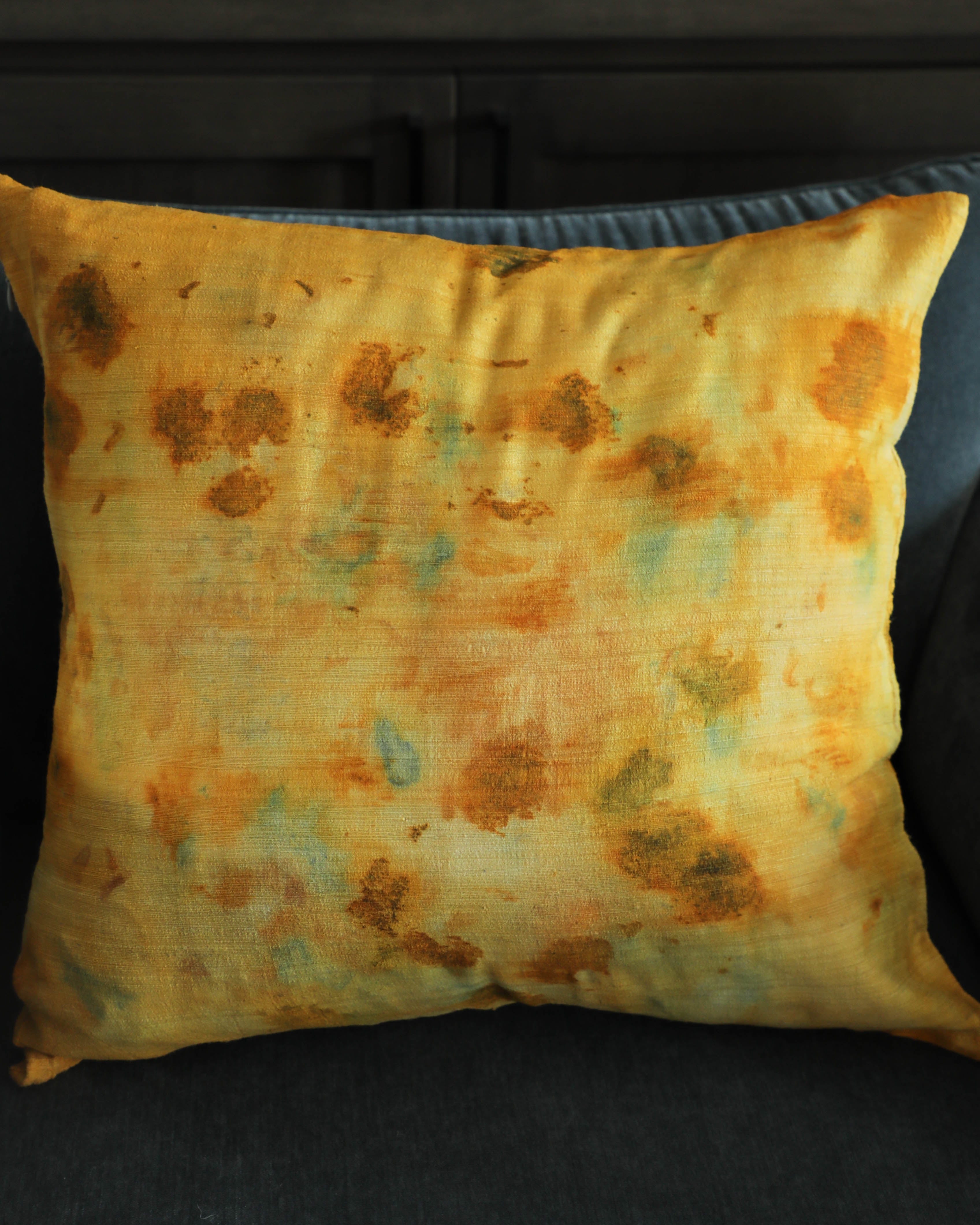 textile art by shellie pomeroy, textile artist, botanical dyed pillow covers, silk pillow cases
