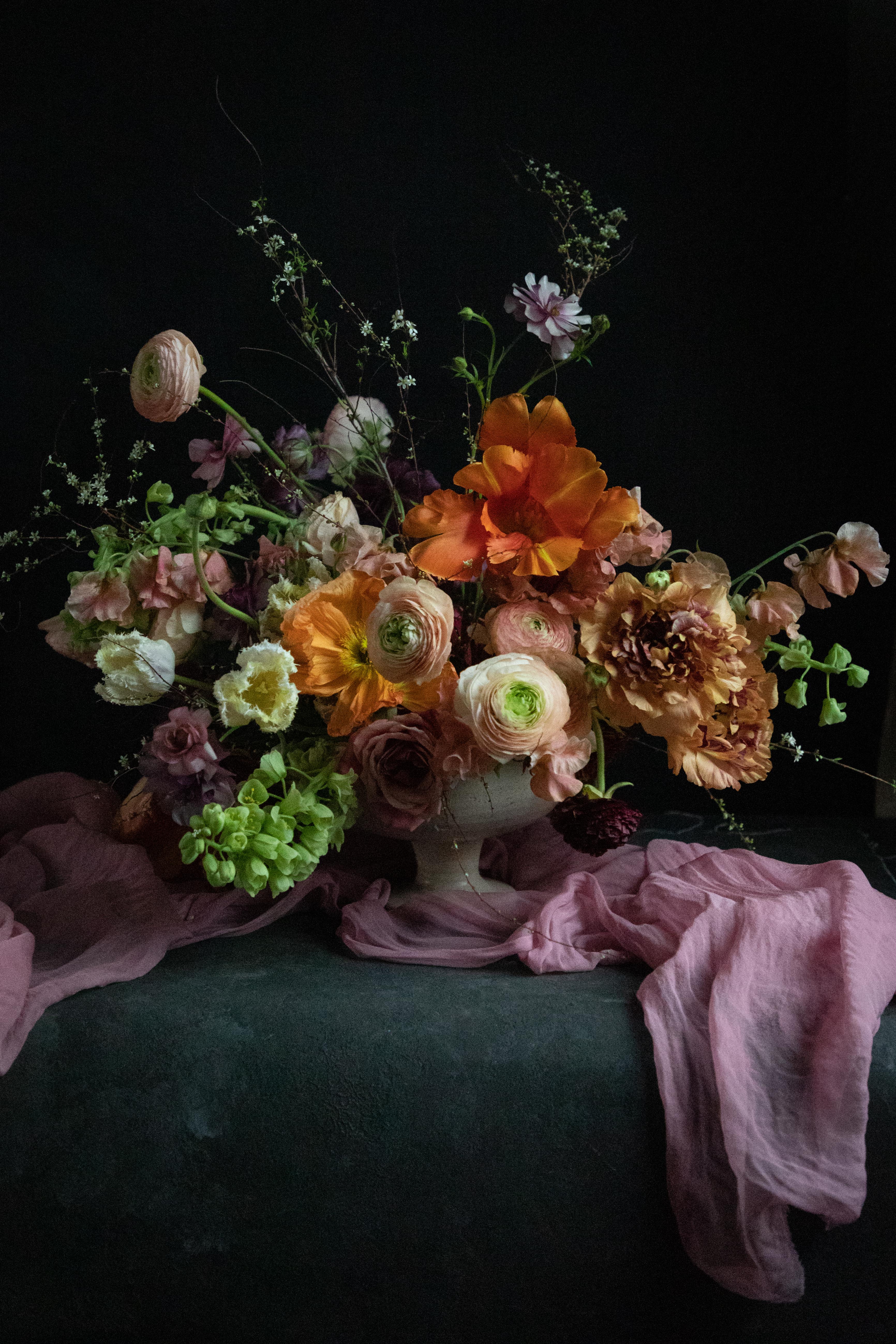 silk and willow sheer silk table runner with Tulipina floral centerpiece
