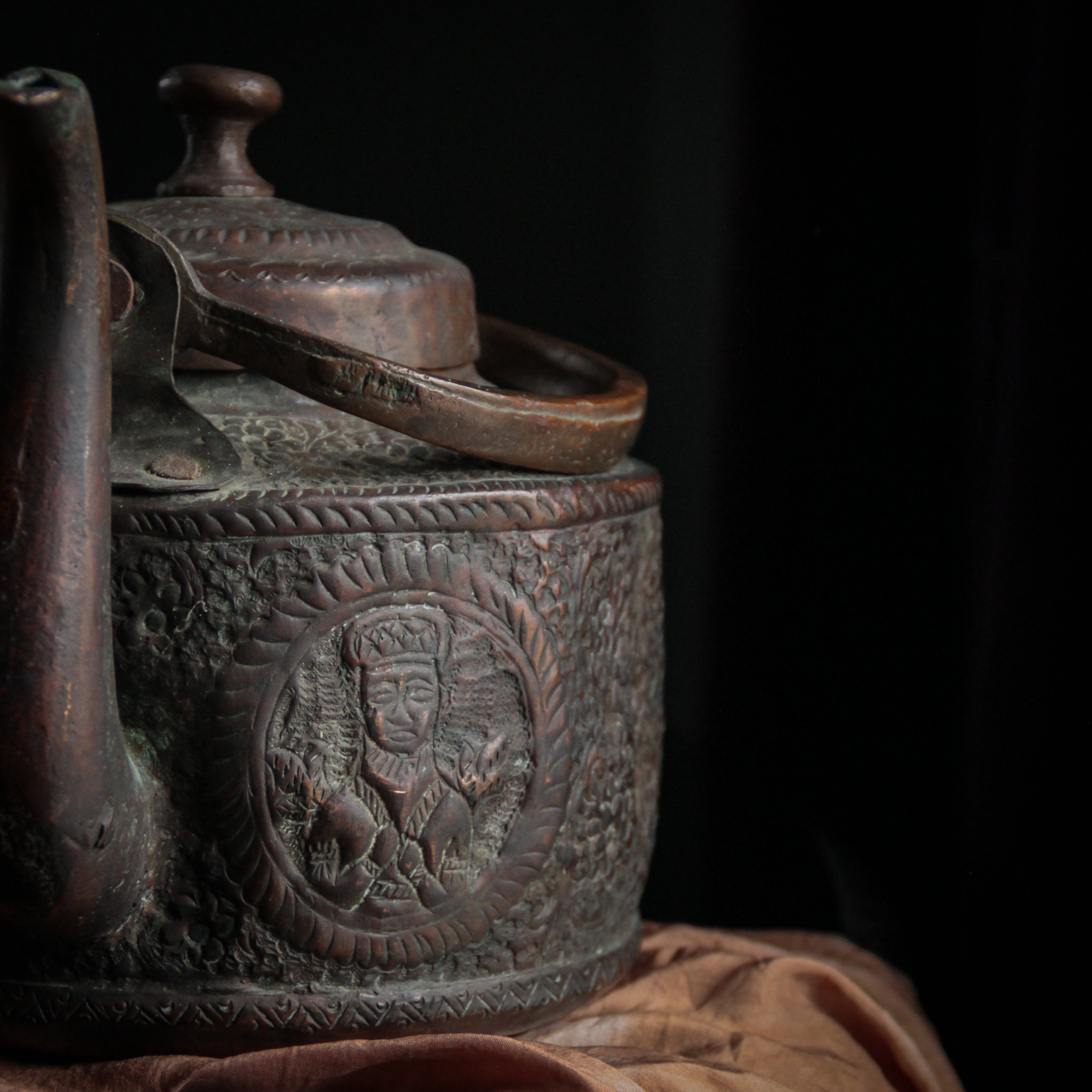 Antique Copper Tea Kettle Pot With Stamped Lid, Cottage Core, 