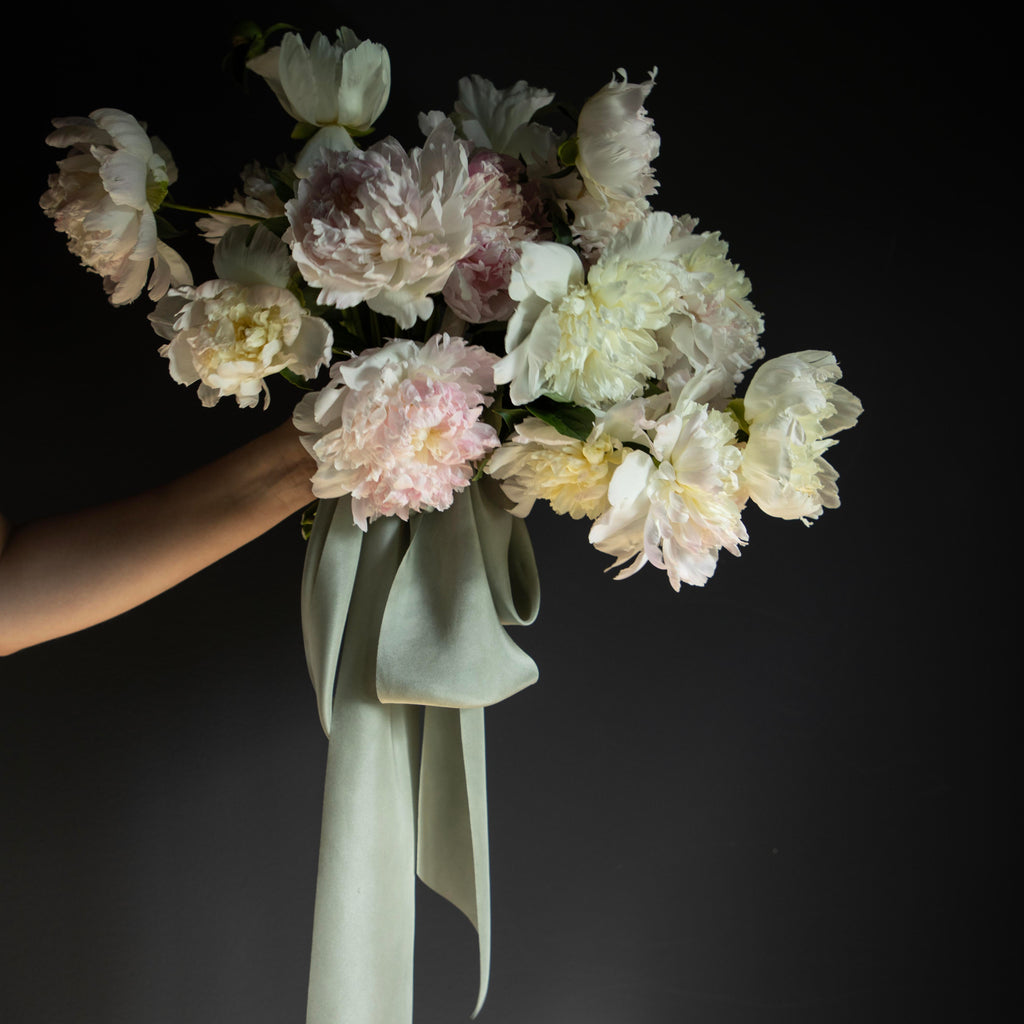 peony flower bouquet with silk ribbon
