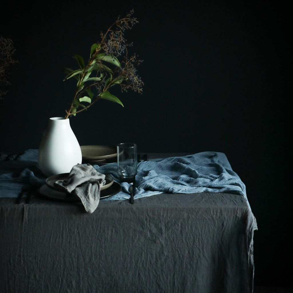 french blue table linens, wedding table linens