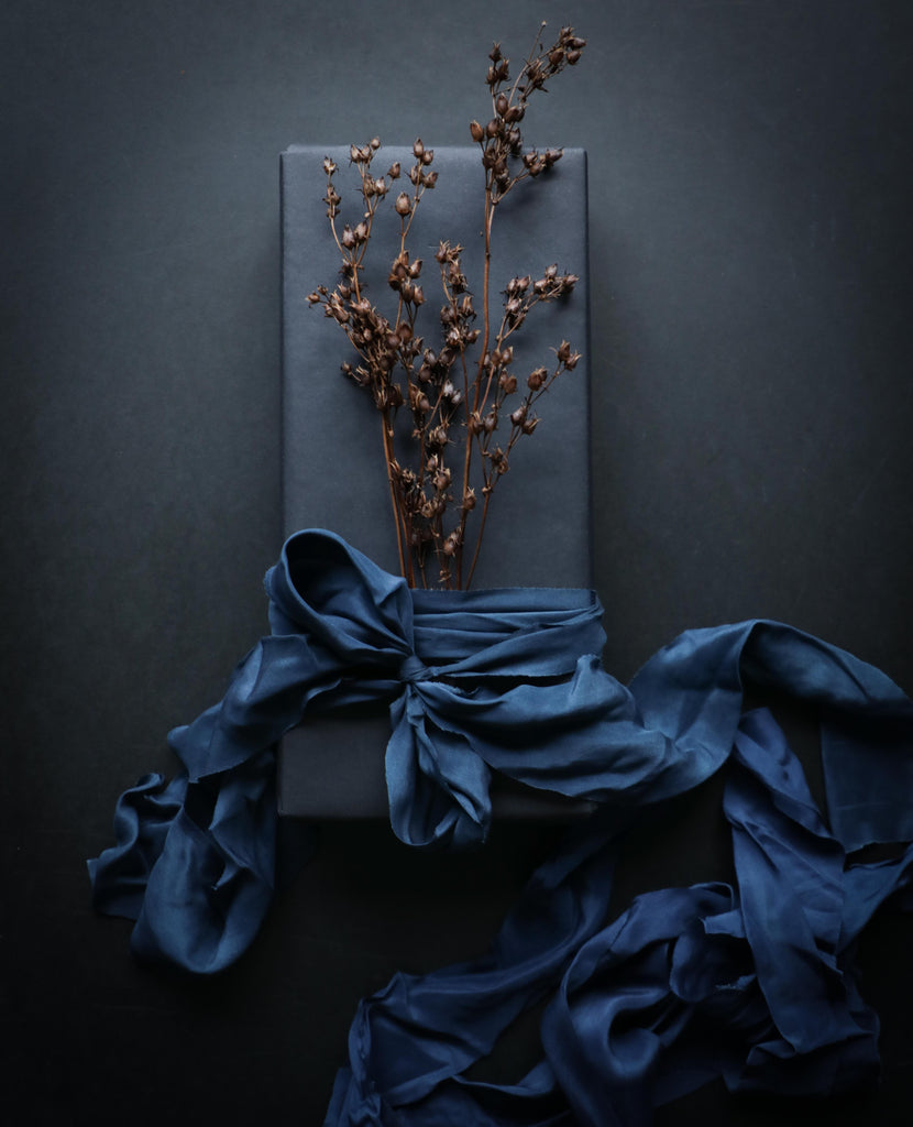 gift wrapping inspiration with plant dyed silk ribbon