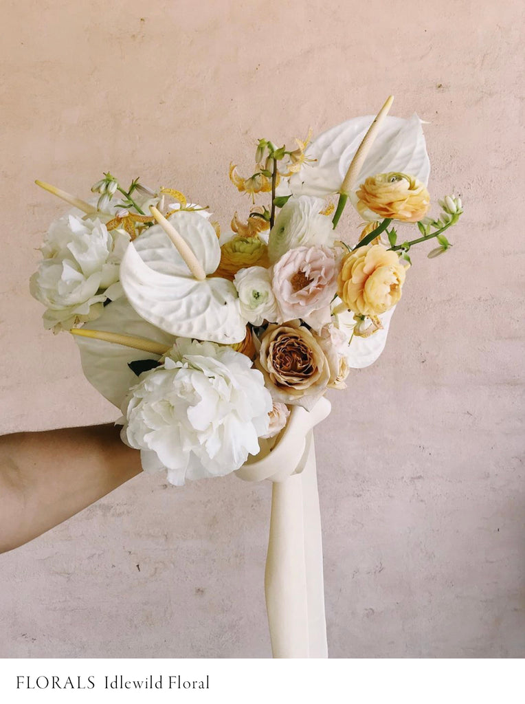Idlewild bridal bouquet with yellow gold silk ribbon