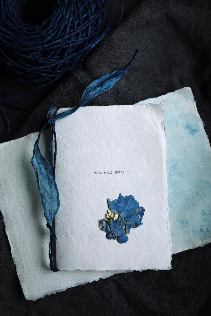 indigo dyed natural twine by silk and willow for custom wedding invitations