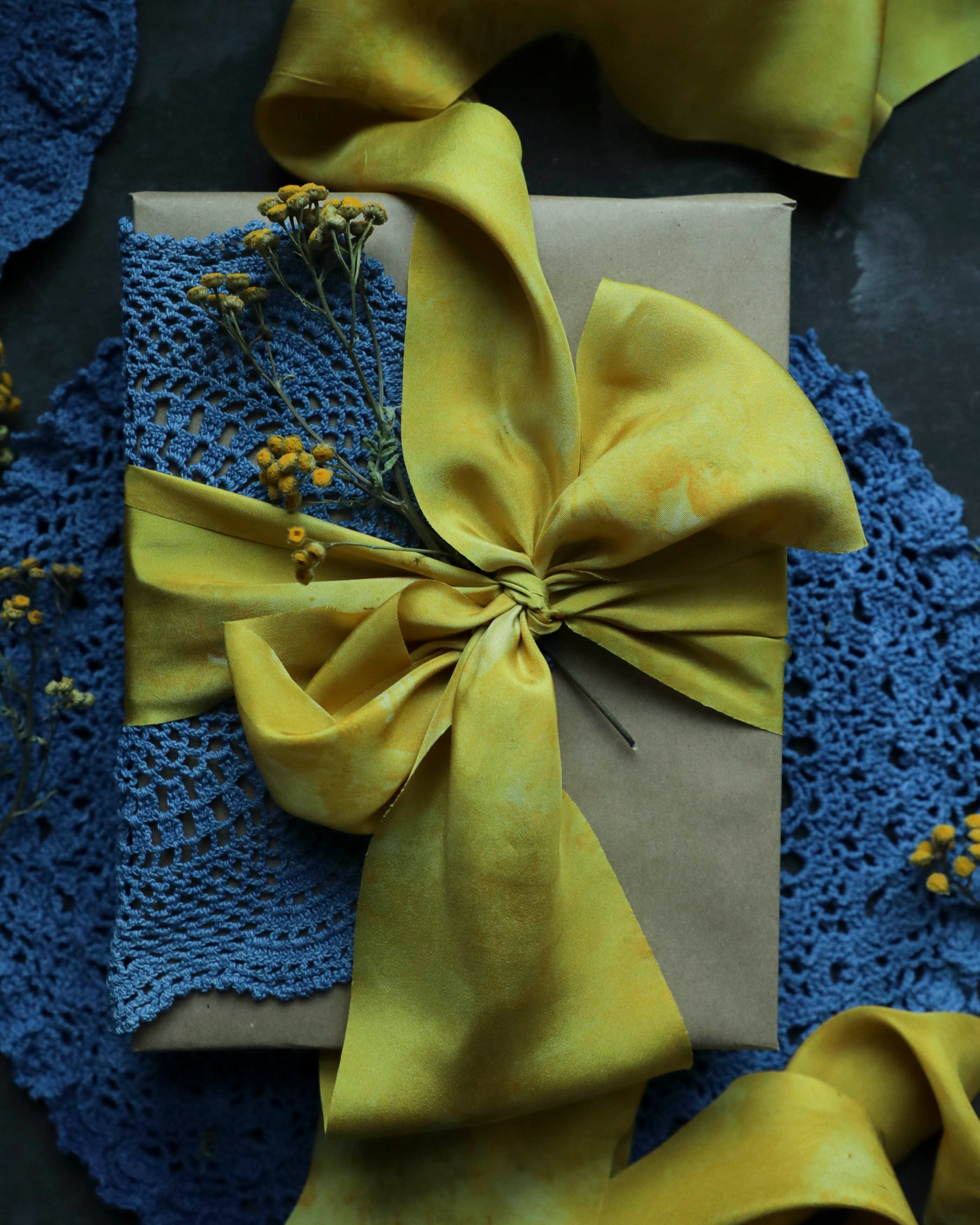gift wrapping, yellow silk ribbon, luxury silk ribbon