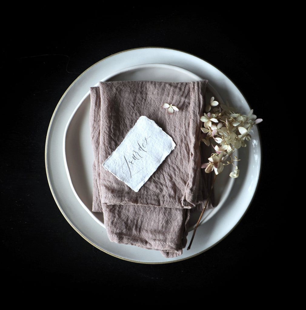 Naturally dyed silk and willow napkin with hand calligraphy name card