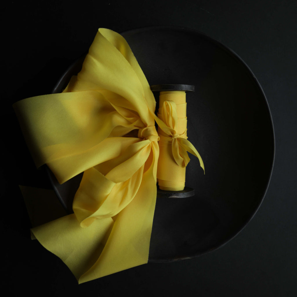 saffron dyed silk ribbon, silk and willow luxury silk ribbon