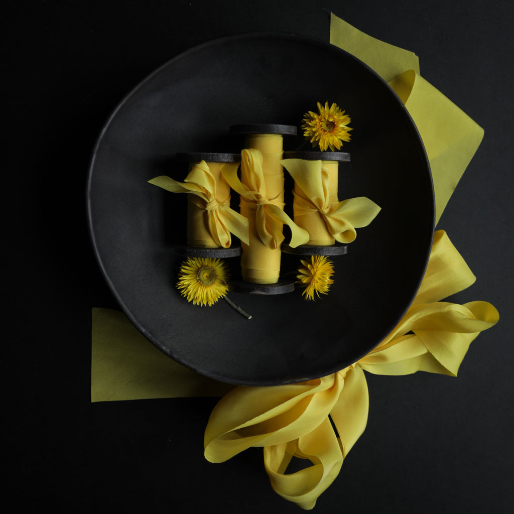saffron dyed silk ribbon, silk and willow luxury silk ribbon