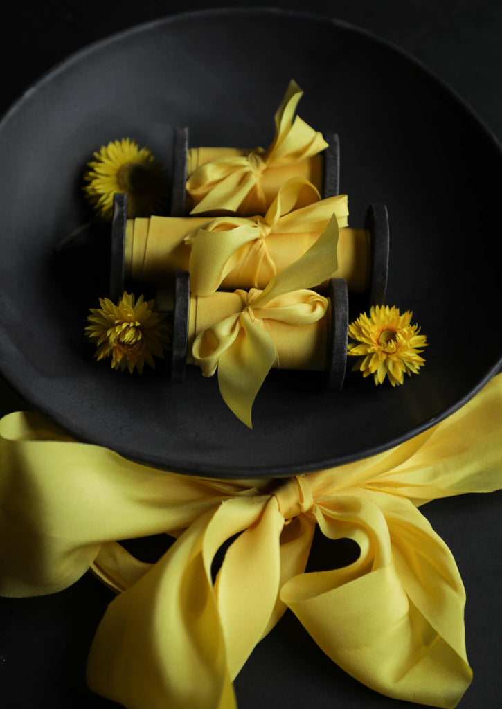 saffron dyed silk ribbon, silk and willow luxury silk ribbon