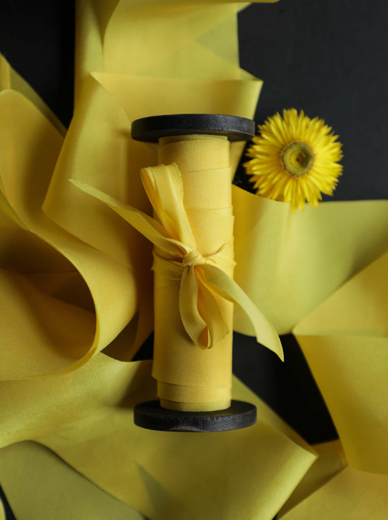 saffron dyed silk ribbon, silk and willow luxury silk ribbon
