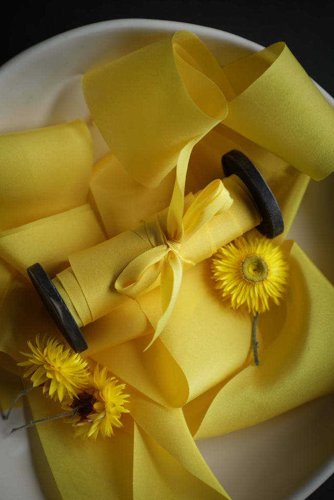 saffron dyed silk ribbon, silk and willow luxury silk ribbon