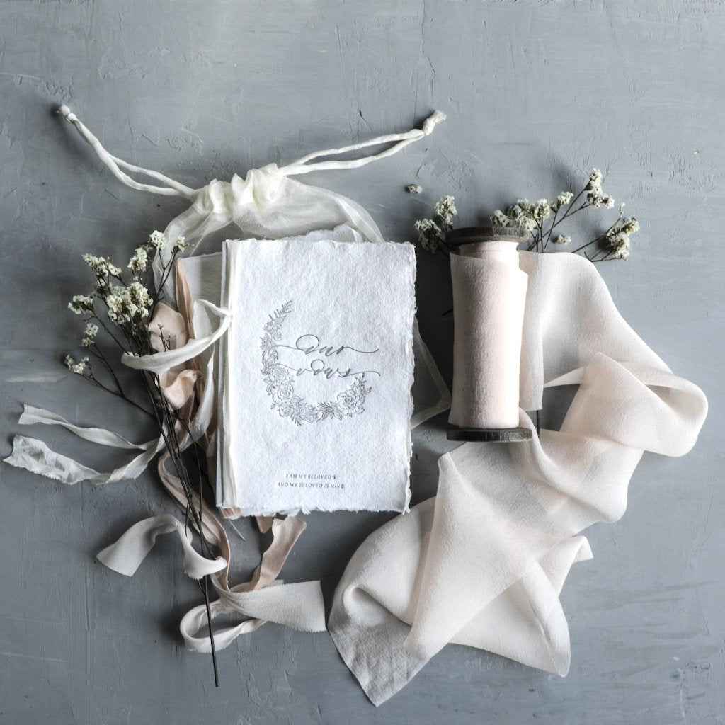 Silk & Willow. Handmade Paper. Wedding Vow Books. Silk Ribbon