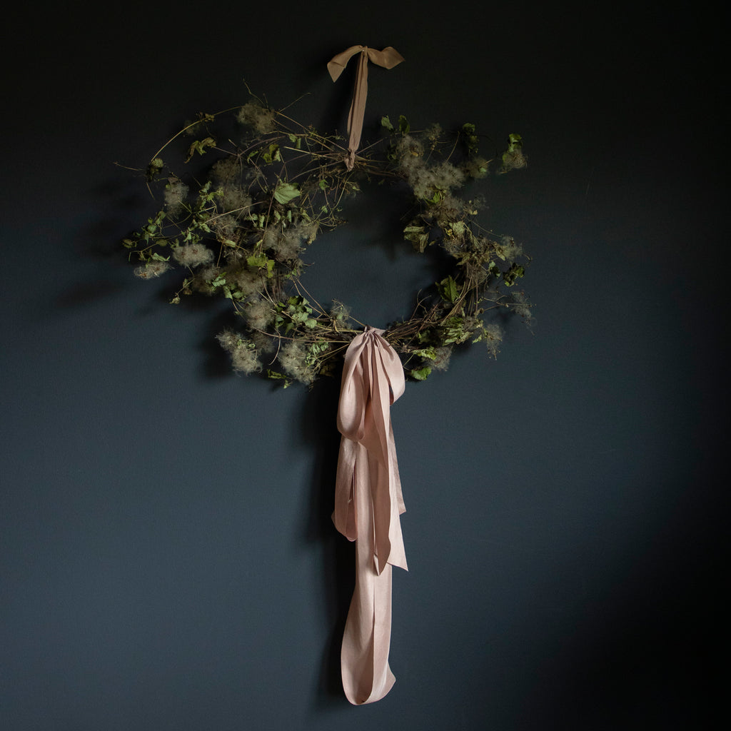 christmas wreath with silk and willow silk ribbon. dried floral wreath