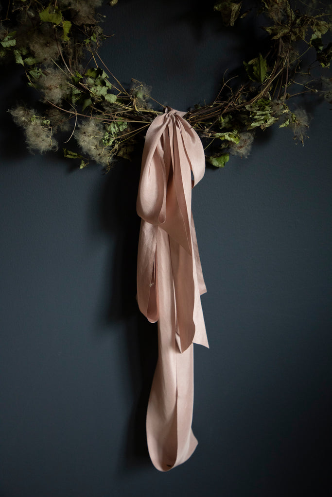 christmas wreath with silk and willow silk ribbon. dried floral wreath