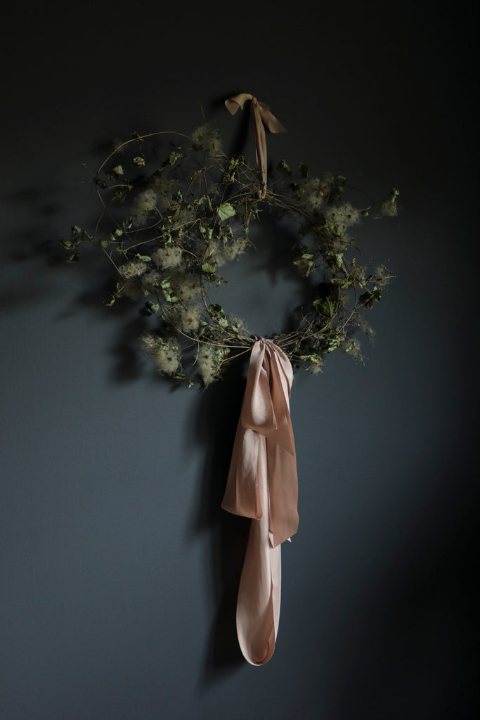 christmas wreath with silk and willow silk ribbon. dried floral wreath
