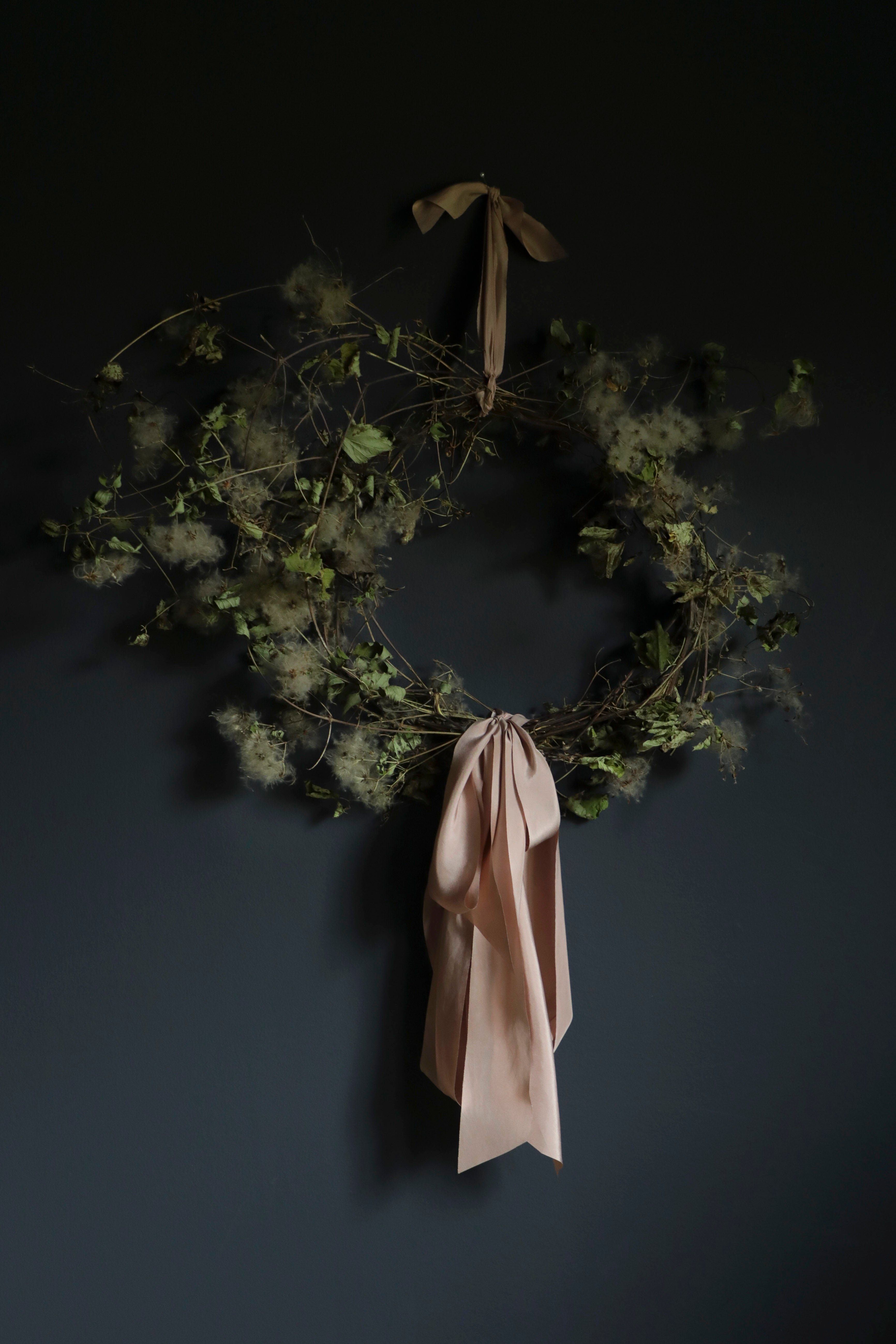 christmas wreath with silk and willow silk ribbon. dried floral wreath