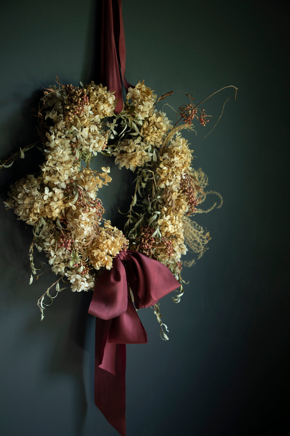 holiday wreath, dried floral wreath, wreath with silk ribbon by silk and willow, shellie pomeroy